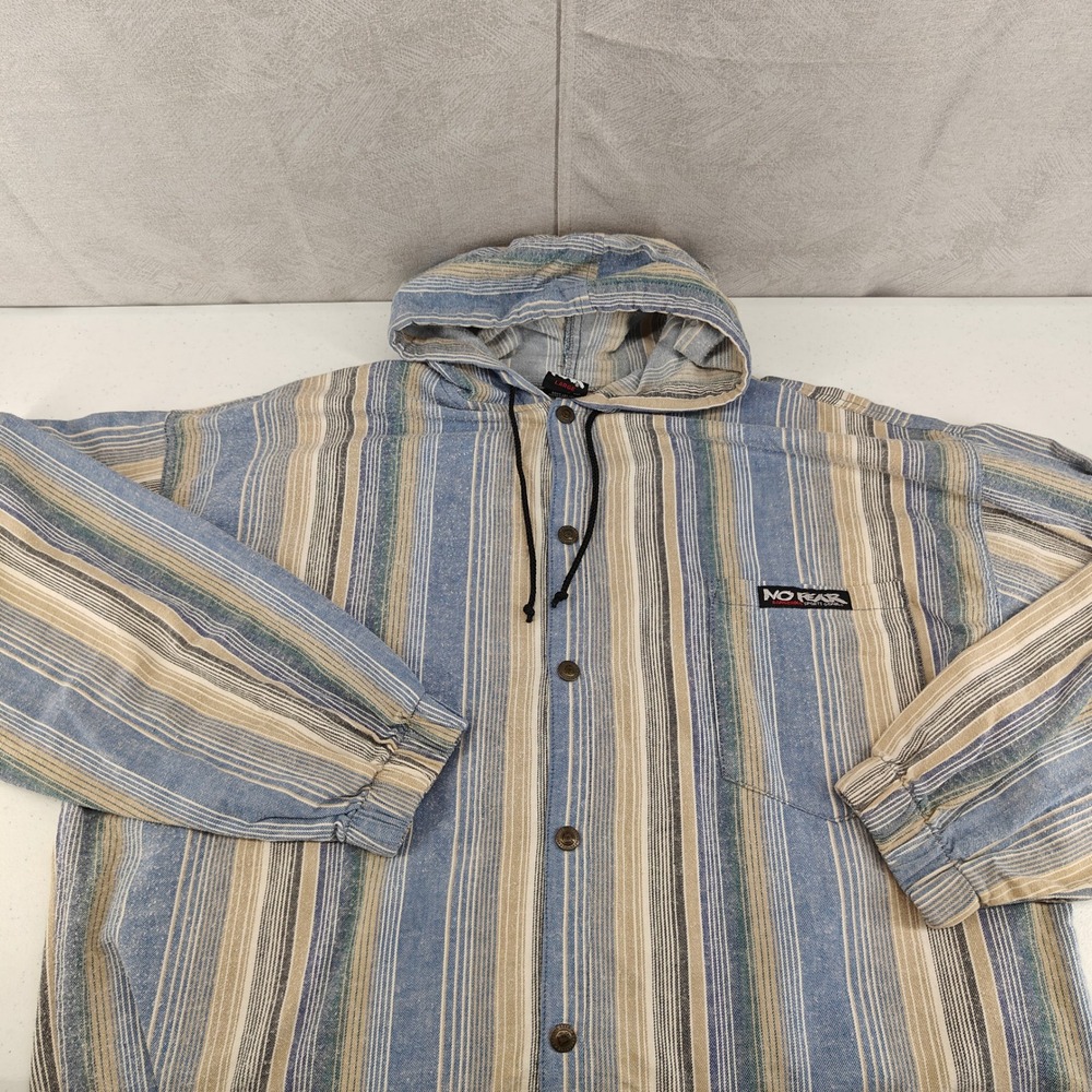 Vintage No Fear Hooded Shirt Men L Blue Striped 90s Y2K Baja Skate Surf Gorpcore